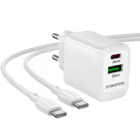 Travel Charger Borofone BN27 Fuente GaN 1xUSB-C PD20W 1xUSB-A QC3.0A and USB-C to USB-C Cable White