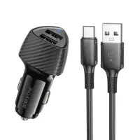 Car Charger Borofone BZ31A Solid Dual USB-A Ports 17W and USB-A  to USB-C Cable 1m Black