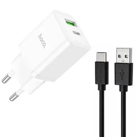 Travel Charger Mini Hoco N28 Founder PD20W QC3.0A Dual Port Charging USB-A and USB-C White Bulk