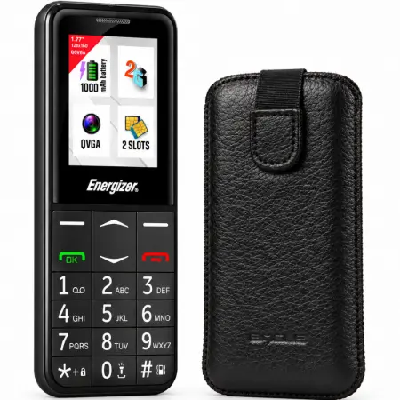 Energizer Feature E4 32MB/2GB Dual Sim 2G 1.77" with SOS Button, Handsfree, UK and EU Charger + Case Protect Ancus Faux Leather Black