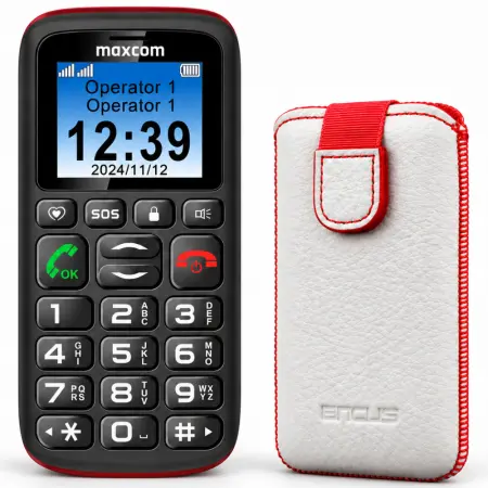 Maxcom MM428 L (Dual Sim) 1.8" with Big Buttons, FM, Flashlight and SOS Button Black + Case Protect Ancus Old Leather White with Red Stitching