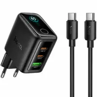 Travel Charger Hoco N79 Sapiencia GaN 65W Fast Charge with 2xUSB-C 1xUSB-A with USB-C to USB-C Cable Black